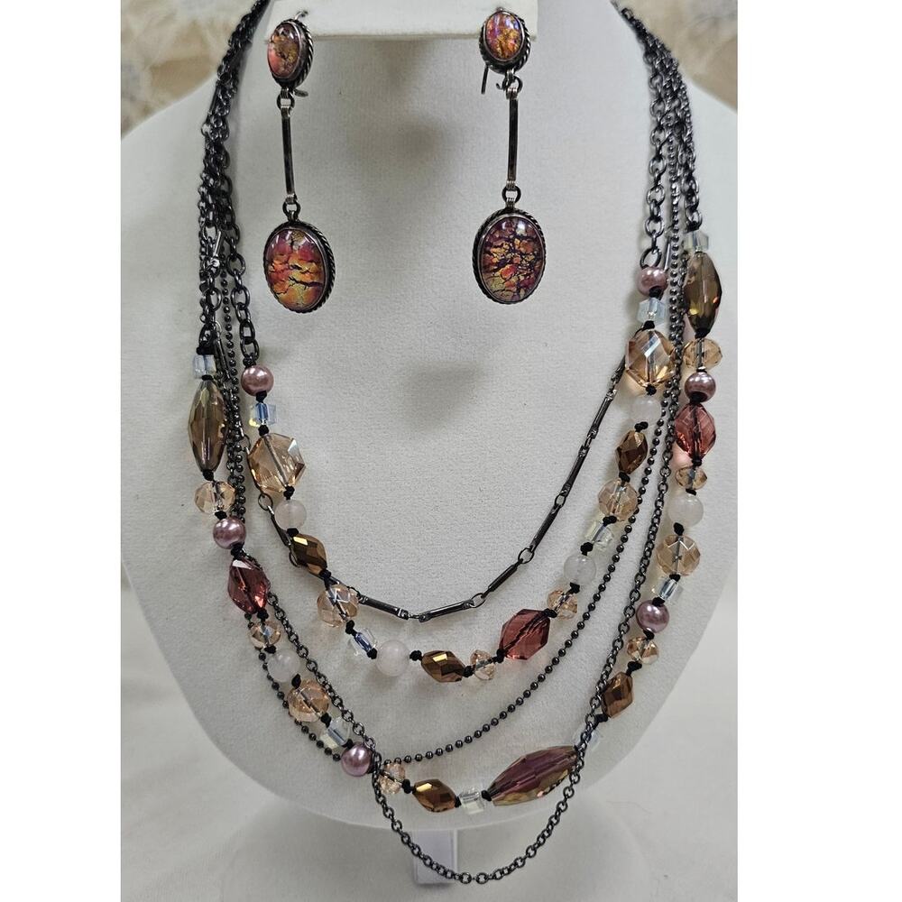 Vintage Amber & Rose Crystal & Glass Beaded Multi-Layer Statement Jewelry Set